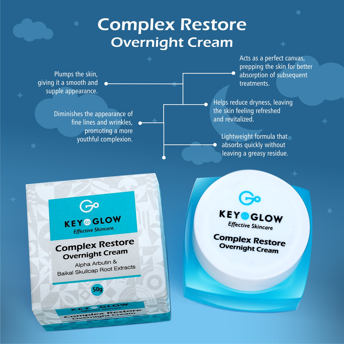 Complex Restore Overnight Cream Alpha Arbutin + Baikal Skullcap Root Extracts - 50g - Key to Glow 