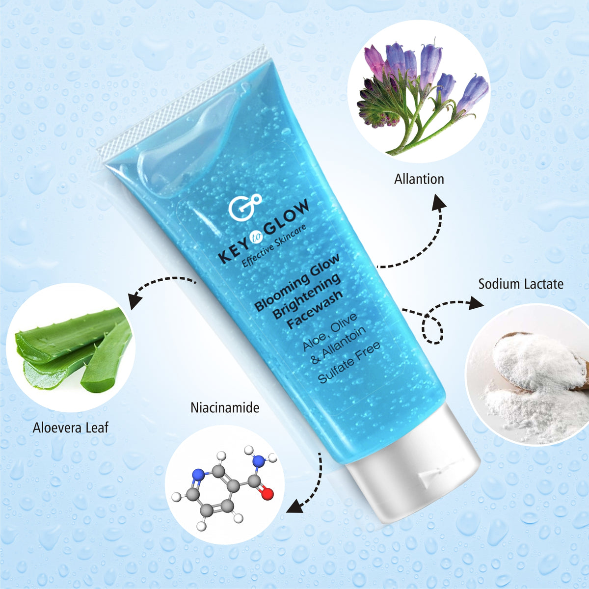 Blooming Glow Brightening Facewash Aloe + Olive + Allantoin Sulfate Free - 100g - Key to Glow 